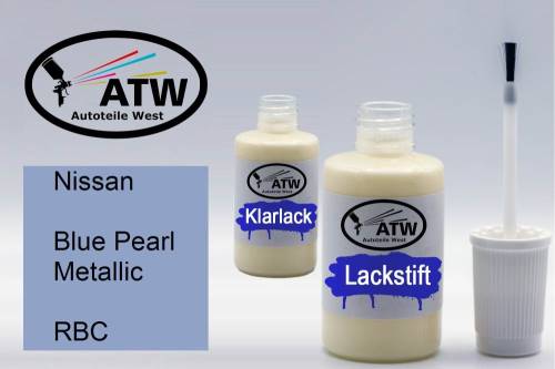 Nissan, Blue Pearl Metallic, RBC: 20ml Lackstift + 20ml Klarlack - Set, von ATW Autoteile West.